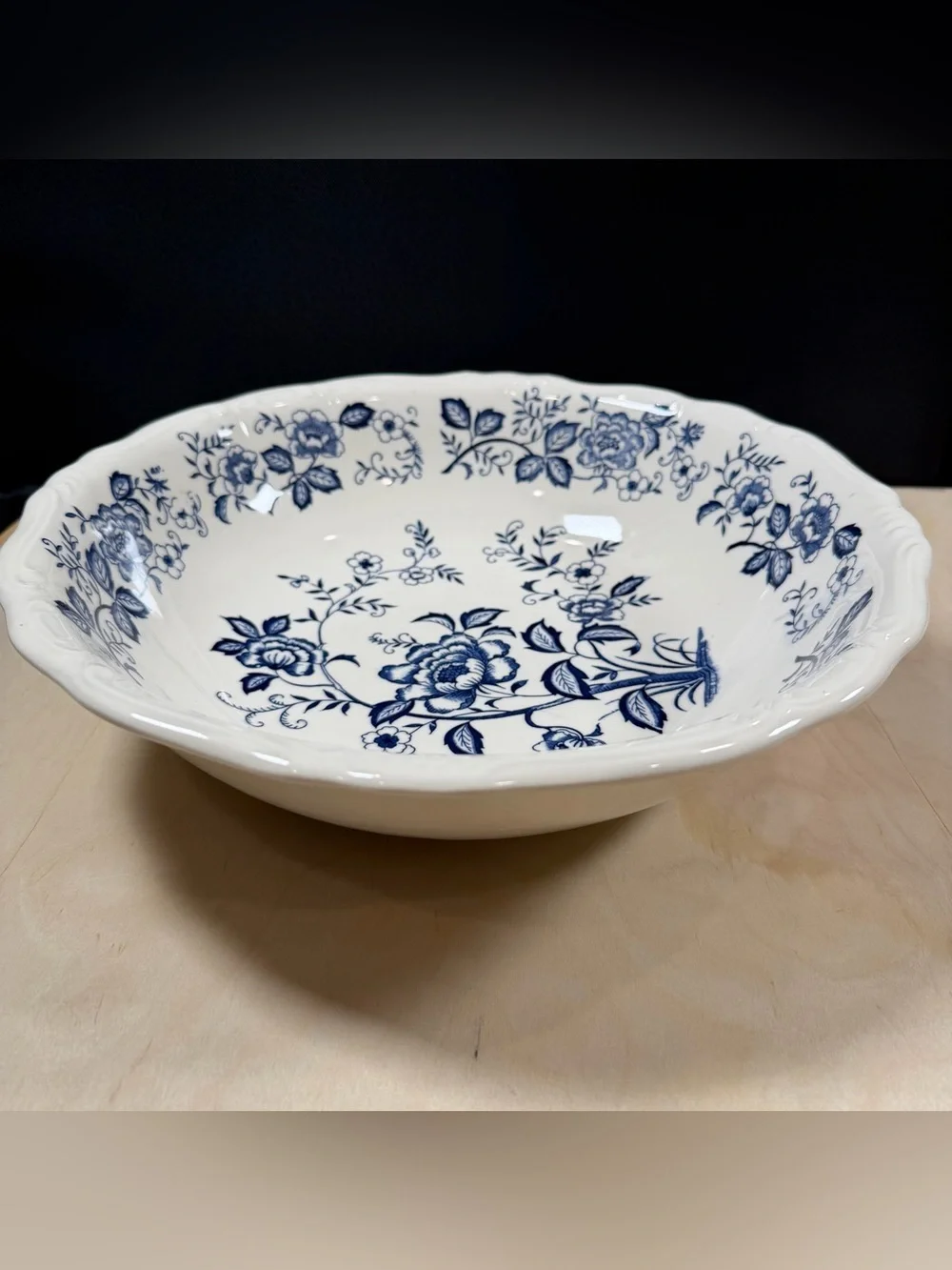 Vintage Blue Peony Hand-Painted 13” Serving Bowl Japan, Cream & Blue